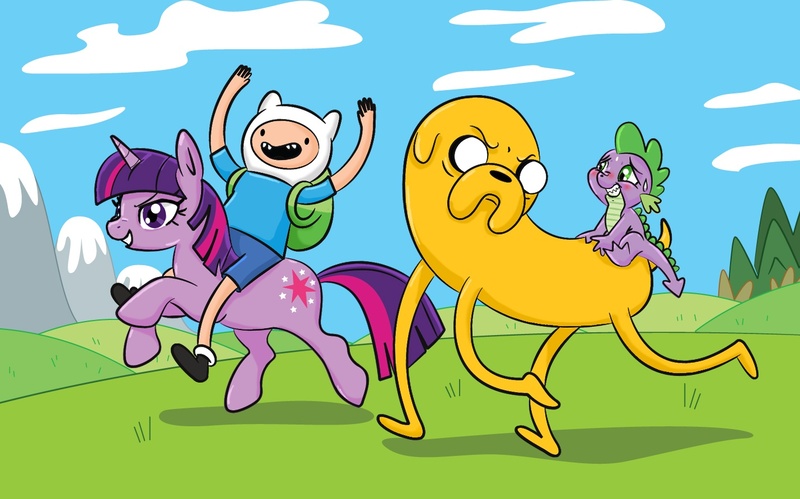 Size: 1429x892 | Tagged: adventure time, artist:friedavanraevels, crossover, derpibooru import, finn the human, jake the dog, safe, spike, twilight sparkle