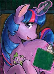 Size: 441x600 | Tagged: artist:aokibengal, book, derpibooru import, magic, safe, spike, traditional art, twilight sparkle