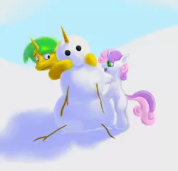 Size: 1500x1442 | Tagged: safe, artist:sb, derpibooru import, snails, sweetie belle, pony, unicorn, bipedal, bipedal leaning, colt, female, filly, leaning, male, snow, snowman