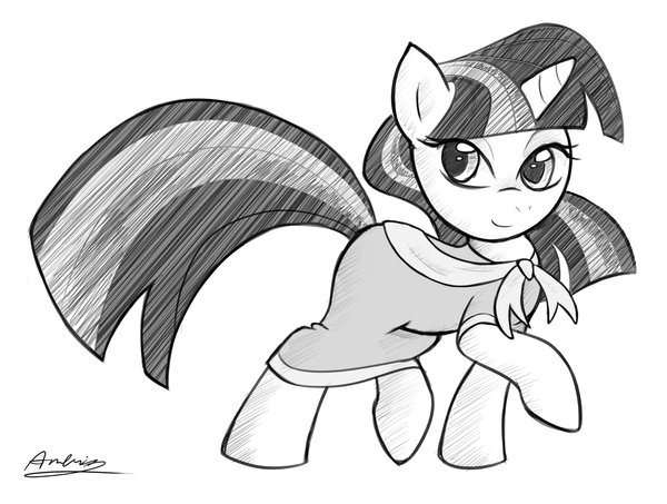 Size: 600x453 | Tagged: safe, artist:ambris, derpibooru import, twilight sparkle, pony, unicorn, clothes, dress, female, mare, monochrome, pencil drawing, smiling, solo, unicorn twilight