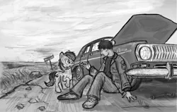 Size: 1024x650 | Tagged: safe, artist:agm, derpibooru import, oc, oc:volga pony, unofficial characters only, earth pony, human, pony, car, duo, grayscale, monochrome, russian, volga, wrench