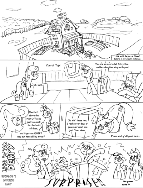 Size: 976x1280 | Tagged: safe, artist:conner cogwork, derpibooru import, applejack, carrot top, derpy hooves, dinky hooves, golden harvest, twilight sparkle, pegasus, pony, carrot top's garden, female, mare, monochrome