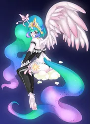 Size: 763x1050 | Tagged: artist:slugbox, ass, barefoot, bow, breasts, clothes, derpibooru import, feet, female, horn, horned humanization, human, humanized, looking back, maid, pony coloring, princess celestia, solo, solo female, suggestive, tailed humanization