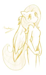 Size: 600x974 | Tagged: anthro, artist:ambris, blushing, breasts, delicious flat chest, derpibooru import, featureless breasts, female, flattershy, fluffy, fluttershy, fuzzy breasts, monochrome, nudity, sideboob, small breasts, suggestive