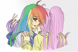 Size: 1122x752 | Tagged: safe, artist:ketsuzoku, derpibooru import, fluttershy, rainbow dash, human, blushing, bust, clothes, female, flutterdash, holding hands, humanized, lesbian, long hair, ponytail, shipping, simple background, sweater, sweatershy, white background