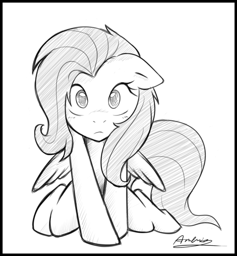 Size: 470x506 | Tagged: safe, artist:ambris, derpibooru import, fluttershy, pegasus, pony, blushing, female, floppy ears, full face view, grayscale, looking at you, mare, monochrome, simple background, solo, white background