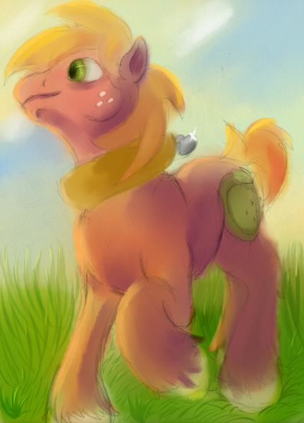 Size: 719x1000 | Tagged: safe, artist:sb, derpibooru import, big macintosh, earth pony, pony, grass, male, solo, stallion