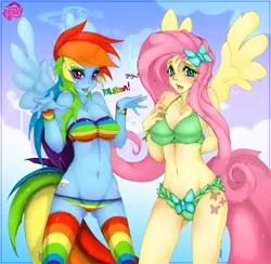Size: 1024x1001 | Tagged: artifact, artist:slugbox, belly button, bikini, blushing, breasts, busty fluttershy, busty rainbow dash, cleavage, clothes, cutie mark on human, dead source, derpibooru import, female, fluttershy, human, humanized, lingerie, panties, ponibooru import, pony coloring, rainbow dash, rainbow socks, socks, stockings, striped socks, suggestive, sweatband, swimsuit, tailed humanization, thigh highs, underass, underwear, winged humanization, wings