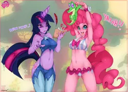 Size: 1200x857 | Tagged: suggestive, artist:slugbox, derpibooru import, ponibooru import, gummy, pinkie pie, twilight sparkle, armpits, artifact, attached skirt, belly button, bikini, book, bow, bow swimsuit, breasts, busty pinkie pie, busty twilight sparkle, cleavage, clothes, female, frilled swimsuit, horned humanization, humanized, lesbian, pony coloring, quill, shipping, striped swimsuit, swimsuit, tailed humanization, tricolor swimsuit, twinkie, underass
