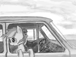 Size: 1600x1200 | Tagged: safe, artist:agm, derpibooru import, oc, oc:volga pony, unofficial characters only, earth pony, human, pony, car, duo, grayscale, monochrome, volga