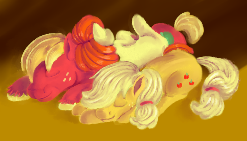 Size: 1000x571 | Tagged: safe, artist:sb, derpibooru import, apple bloom, applejack, big macintosh, earth pony, pony, apple family, apple siblings, cuddle puddle, cuddling, cute, eyes closed, family, female, filly, hair over one eye, hatless, male, mare, missing accessory, prone, side, sleeping, smiling, stallion
