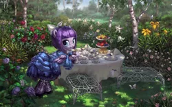 Size: 1920x1200 | Tagged: safe, artist:stupjam, derpibooru import, oc, oc:lulu belle, unofficial characters only, butterfly, pony, bow, cake, chair, clothes, cup, dress, female, flower, food, garden, looking at you, mare, outdoors, sandwich, saucer, scenery, scenery porn, solo, table, tablecloth, tea, tea party, teapot, tree