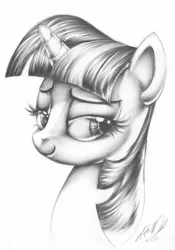 Size: 2155x3086 | Tagged: artist:carlotta-guidicelli, bedroom eyes, bust, derpibooru import, eyelashes, grayscale, high res, monochrome, pencil drawing, portrait, safe, smiling, smug, smuglight sparkle, solo, traditional art, twilight sparkle