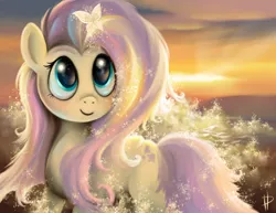 Size: 1920x1481 | Tagged: dead source, safe, artist:rom-art, derpibooru import, fluttershy, butterfly, pony, beach, beautiful, blushing, cute, glitter, ocean, shining, signature, smiling, solo, sunset, water