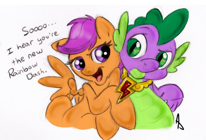 Size: 1571x1072 | Tagged: safe, artist:littletiger488, derpibooru import, scootaloo, spike, element of loyalty, female, male, new rainbow dash, scootaspike, shipping, straight