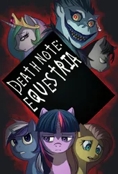 Size: 674x989 | Tagged: semi-grimdark, artist:blu-red, derpibooru import, fluttershy, minuette, princess celestia, twilight sparkle, oc, pony, unicorn, crossover, death note, death note equestria, female, male, mare, parody, stallion