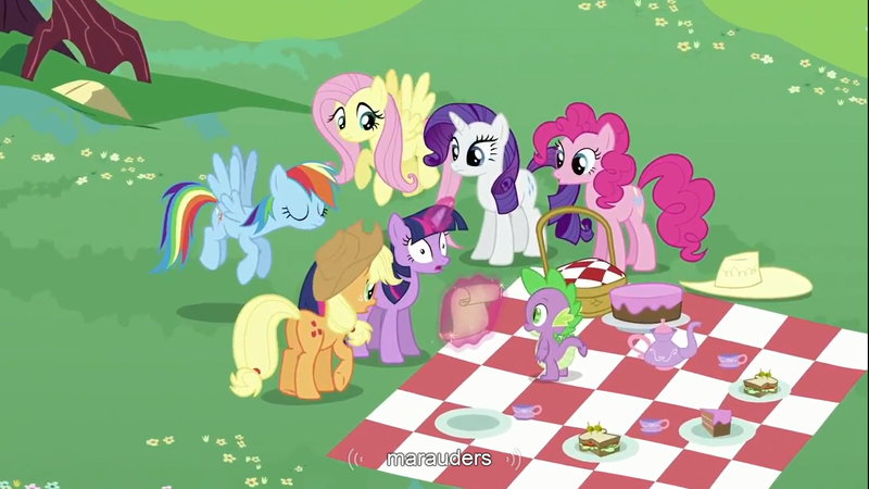 Size: 1366x768 | Tagged: a canterlot wedding, applejack, derpibooru import, fluttershy, picnic, pinkie pie, rainbow dash, rarity, safe, screencap, spike, twilight sparkle, youtube caption, youtube link