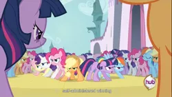 Size: 1366x768 | Tagged: a canterlot wedding, applejack, derpibooru import, fluttershy, pinkie pie, rainbow dash, rarity, safe, screencap, twilight sparkle, youtube caption, youtube link