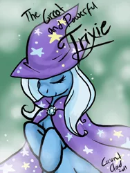 Size: 504x670 | Tagged: dead source, safe, artist:veritasket, derpibooru import, trixie, pony, unicorn, bipedal, eyes closed, female, jewelry, mare, pendant, photoshop, smiling, solo, trixie's cape, trixie's hat