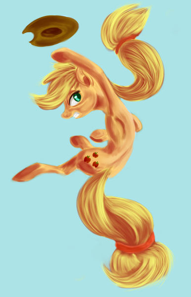 Size: 643x1000 | Tagged: safe, artist:sb, derpibooru import, applejack, earth pony, pony, action pose, female, jumping, mare, simple background, solo