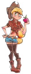 Size: 900x2113 | Tagged: applejack, applejack's hat, artist:akikodestroyer, belly button, boots, clothes, cowboy boots, cowboy hat, daisy dukes, derpibooru import, front knot midriff, hat, humanized, midriff, obligatory apple, safe, simple background, solo, traditional art