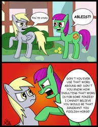 Size: 1760x2264 | Tagged: safe, artist:jay muniz, derpibooru import, derpy hooves, oc, oc:bitchy fits, pegasus, pony, ableism, derpygate, eye contact, female, frown, glare, looking back, mare, open mouth, raised hoof, social justice warrior, strawman, underp