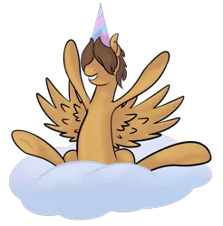 Size: 827x839 | Tagged: safe, artist:sb, derpibooru import, hoops, pegasus, pony, cloud, grin, hat, hooves, male, on a cloud, party hat, simple background, sitting on cloud, smiling, solo, spread wings, stallion, transparent background, wings