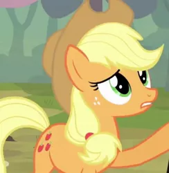 Size: 500x512 | Tagged: safe, derpibooru import, screencap, applejack, earth pony, pony, cropped, raised hoof, solo