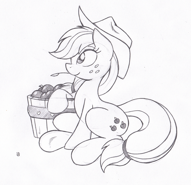 Size: 891x863 | Tagged: applejack, artist:joey darkmeat, derpibooru import, monochrome, safe, sitting, solo, straw, traditional art