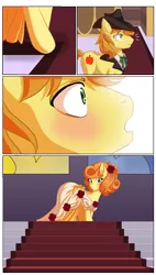 Size: 941x1652 | Tagged: safe, artist:the-orator, derpibooru import, braeburn, carrot top, golden harvest, earth pony, pony, alternate hairstyle, carrotburn, clothes, comic, dress, female, male, mare, shipping, stairs, stallion, straight