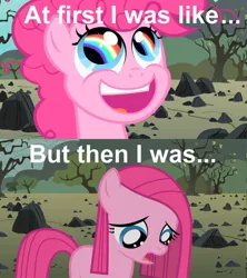 Size: 500x563 | Tagged: comic, derpibooru import, edit, edited screencap, eye reflection, female, filly, filly pinkie pie, image macro, meme, pinkamena diane pie, pinkie pie, rainbow, reaction image, reflection, reversal, rock farm, safe, screencap, screencap comic, solo, the cutie mark chronicles, younger