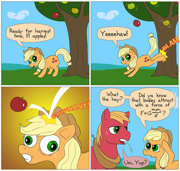 Size: 850x804 | Tagged: safe, artist:fadri, derpibooru import, applejack, big macintosh, earth pony, pony, comic:and that's how equestria was made, apple, comic, fancy mathematics, gravity, isaac newton, male, math, sir isaac newton, stallion