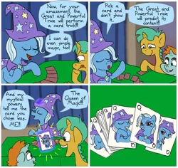 Size: 850x804 | Tagged: artist:fadri, card, card trick, comic, comic:and that's how equestria was made, derpibooru import, dialogue, magic trick, safe, snails, snips, trixie, trixie's fans