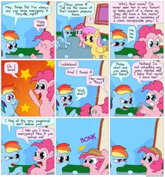 Size: 850x907 | Tagged: artist:fadri, comic, comic:and that's how equestria was made, derpibooru import, fourth wall, in-universe pegasister, liar face, liarpony, pinkie pie, rainbow dash, safe, sunny rays