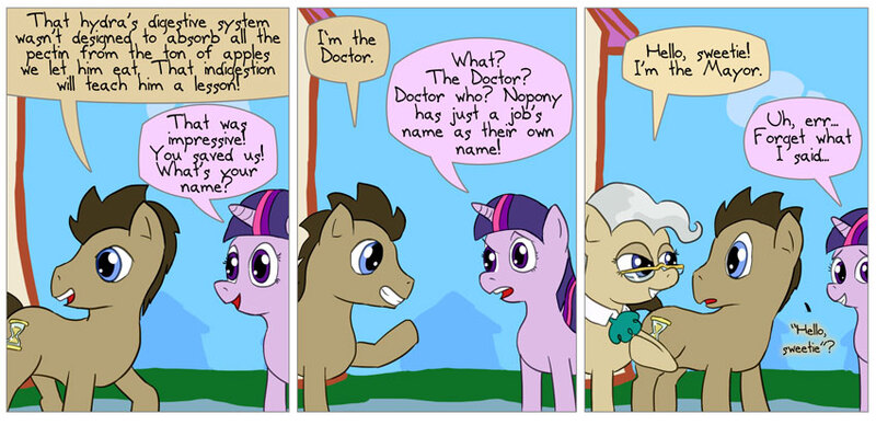 Size: 850x412 | Tagged: artist:fadri, comic, comic:and that's how equestria was made, derpibooru import, doctor mayor, doctor whooves, mayor mare, safe, time turner, twilight sparkle