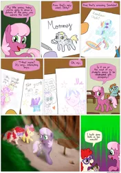 Size: 850x1205 | Tagged: safe, artist:fadri, derpibooru import, apple bloom, cheerilee, derpy hooves, diamond tiara, rainbow dash, scootaloo, silver spoon, snips, trixie, twist, pegasus, pony, comic:and that's how equestria was made, comic, female, mare, not creepy, obsession, sweat, sweatdrop