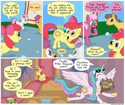 Size: 850x715 | Tagged: apple bloom, artist:fadri, caramel, cheerilee, comic, comic:and that's how equestria was made, cutie mark crusaders, derpibooru import, princess apple bloom, princess celestia, safe, scootaloo, sweetie belle, vacation