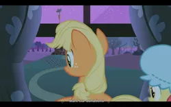 Size: 1024x640 | Tagged: apple bloom, applejack, derpibooru import, family appreciation day, hatless, missing accessory, safe, screencap, youtube caption