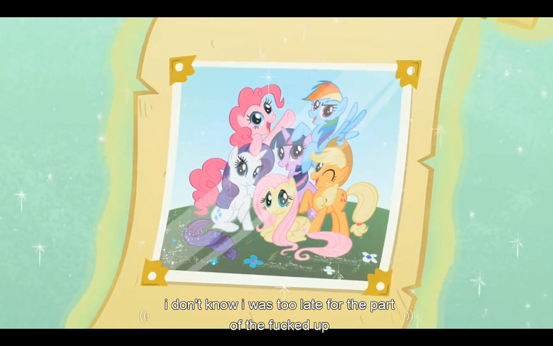 Size: 1024x640 | Tagged: applejack, derpibooru import, family appreciation day, fluttershy, mane six, mane six opening poses, pinkie pie, rainbow dash, rarity, safe, screencap, twilight sparkle, vulgar, youtube caption