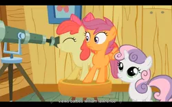 Size: 1024x640 | Tagged: apple bloom, cutie mark crusaders, derpibooru import, family appreciation day, safe, scootaloo, screencap, sweetie belle, youtube caption