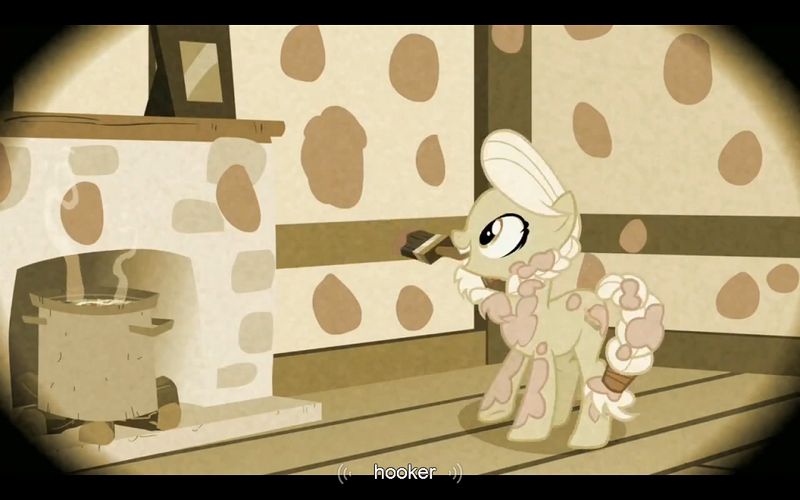 Size: 1024x640 | Tagged: safe, derpibooru import, edit, edited screencap, screencap, granny smith, earth pony, pony, family appreciation day, caption, female, mare, prostitution, solo, vulgar, young granny smith, youtube caption