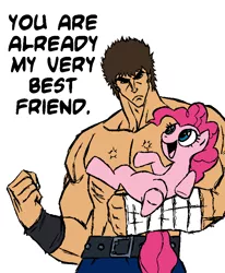 Size: 720x875 | Tagged: source needed, useless source url, safe, artist:megasweet, derpibooru import, pinkie pie, earth pony, pony, broken comment counter, crossover, dialogue, duo, featureless crotch, female, hokuto no ken, kenshiro, male, mare, open mouth, simple background, smiling, white background