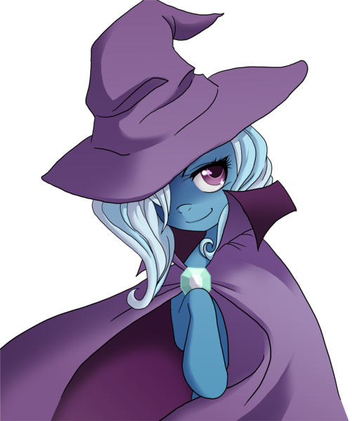 Size: 1492x1787 | Tagged: safe, artist:the-orator, derpibooru import, trixie, pony, unicorn, cape, clothes, colored pupils, female, hat, looking at you, mare, mysterious, photoshop, raised hoof, shadow, simple background, smiling, solo, transparent background, trixie's cape, trixie's hat