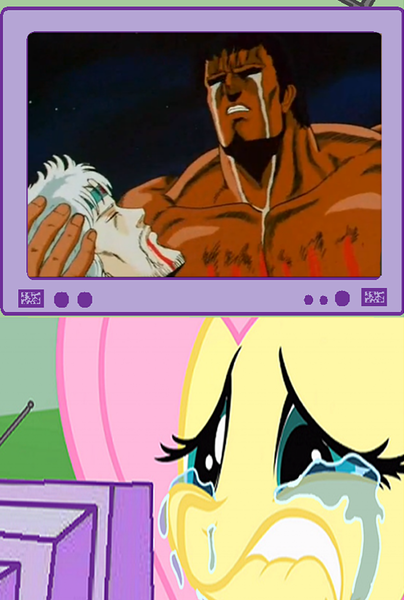 Size: 555x825 | Tagged: semi-grimdark, derpibooru import, fluttershy, human, pony, blood, crying, exploitable meme, female, hokuto no ken, male, manly tears, mare, meme, raoh, toki, tv meme