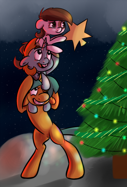 Size: 684x1000 | Tagged: safe, artist:sb, derpibooru import, pipsqueak, snails, snips, earth pony, pony, unicorn, best bros, bipedal, christmas, christmas tree, colt, lights, male, stars, tree, trio