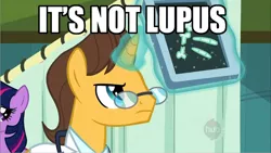 Size: 1282x721 | Tagged: derpibooru import, doctor, doctor horse, doctor stable, house m.d., hub logo, image macro, impact font, lupus, magic, safe, telekinesis, twilight sparkle, x-ray picture