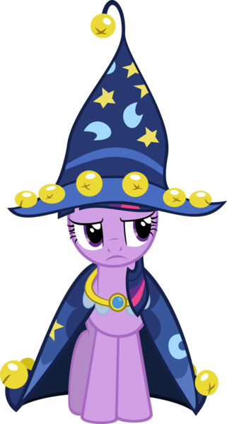 Size: 3780x7062 | Tagged: safe, artist:mysteriouskaos, derpibooru import, star swirl the bearded, twilight sparkle, pony, unicorn, luna eclipsed, cape, clothes, costume, frown, glare, hat, simple background, solo, transparent background, vector