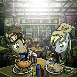 Size: 700x700 | Tagged: safe, artist:saturnspace, derpibooru import, derpy hooves, doctor whooves, time turner, dolphin, pegasus, pony, xenomorph, alien (franchise), banana, burger, crossover, e.t., english muffin, female, goggles, hitchhiker's guide to the galaxy, mare, muffin, ponies eating meat, subway