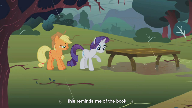 Size: 900x506 | Tagged: applejack, derpibooru import, rarity, safe, screencap, table, youtube caption