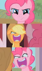 Size: 700x1182 | Tagged: applejack, derpibooru import, edit, edited screencap, face swap, flutterrage, party of one, pinkie pie, safe, screencap, you're going to love me